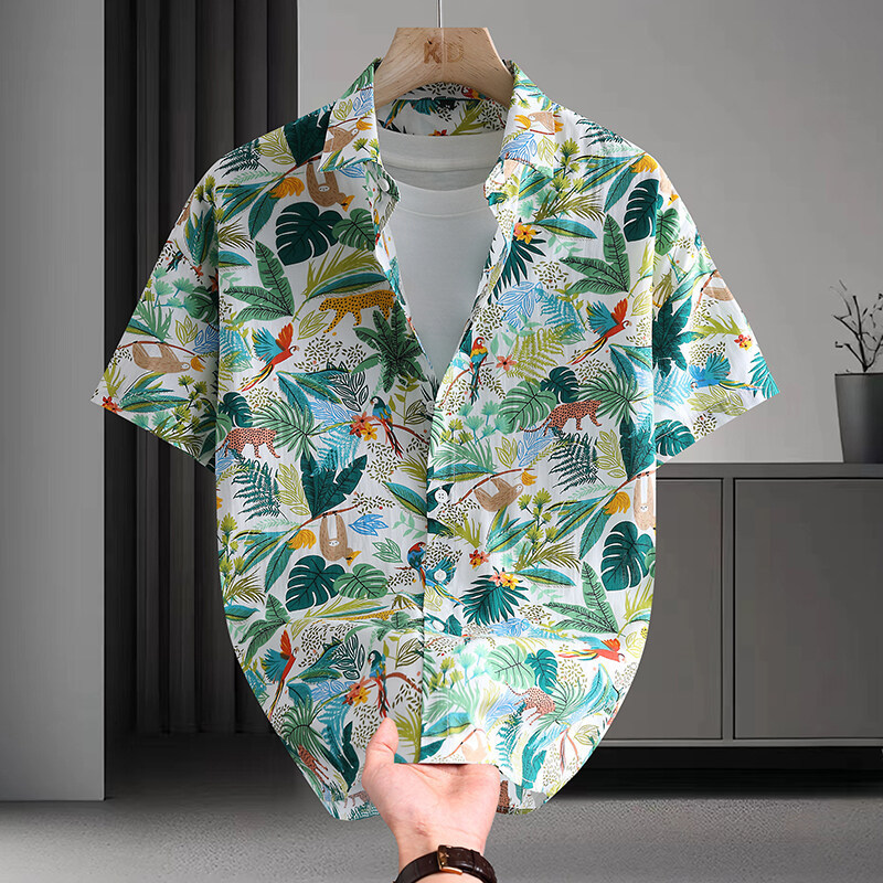 Summer Short-sleeved Shirt Men's Casual Hawaiian Style Flower Shirt Plus Size Beach Clothes Loose Thin Top