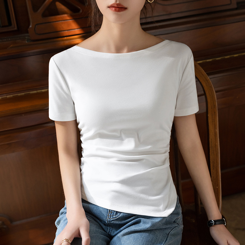 Camiseta de manga corta blanca para mujer 2023 Ropa de mujer Nueva elegante Camiseta de algodón fuera del hombro irregular dobladillo plisado superior