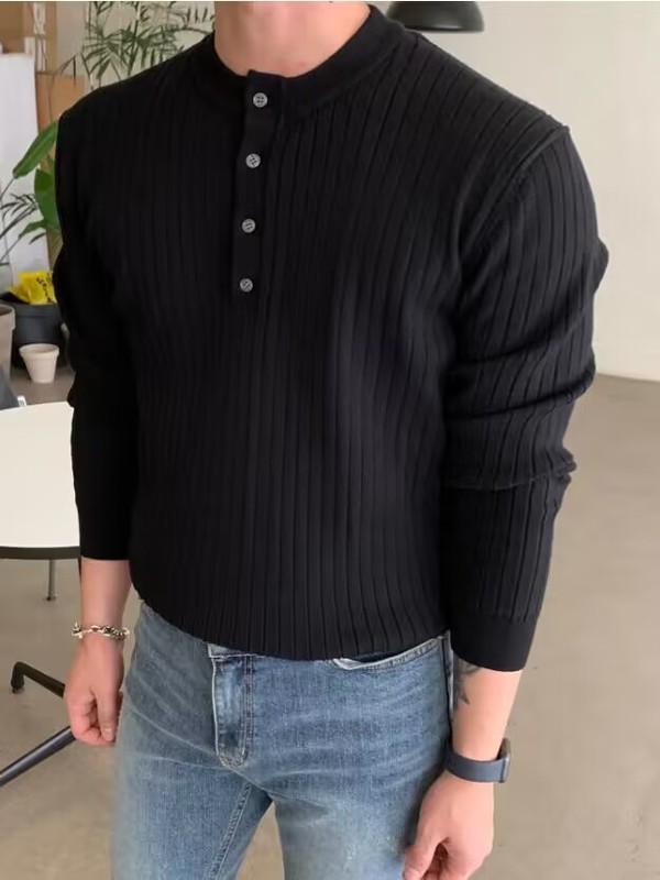 男性用半高襟ボタンニットセーター男性用秋冬セーターカジュアルプルオーバー長袖ニット|undefined