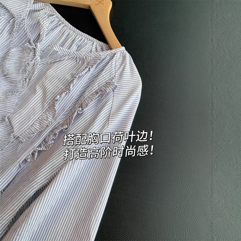 CJ981蓝白色织条纹！可甜可盐又减龄！圆领显瘦百搭衬衫小衫女25|undefined