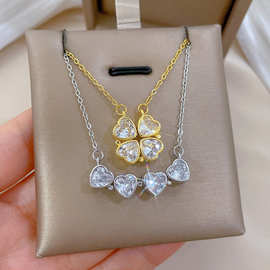 【钛钢】项链女新款一款两戴心连心开合四叶花满钻百搭锁骨链钛钢