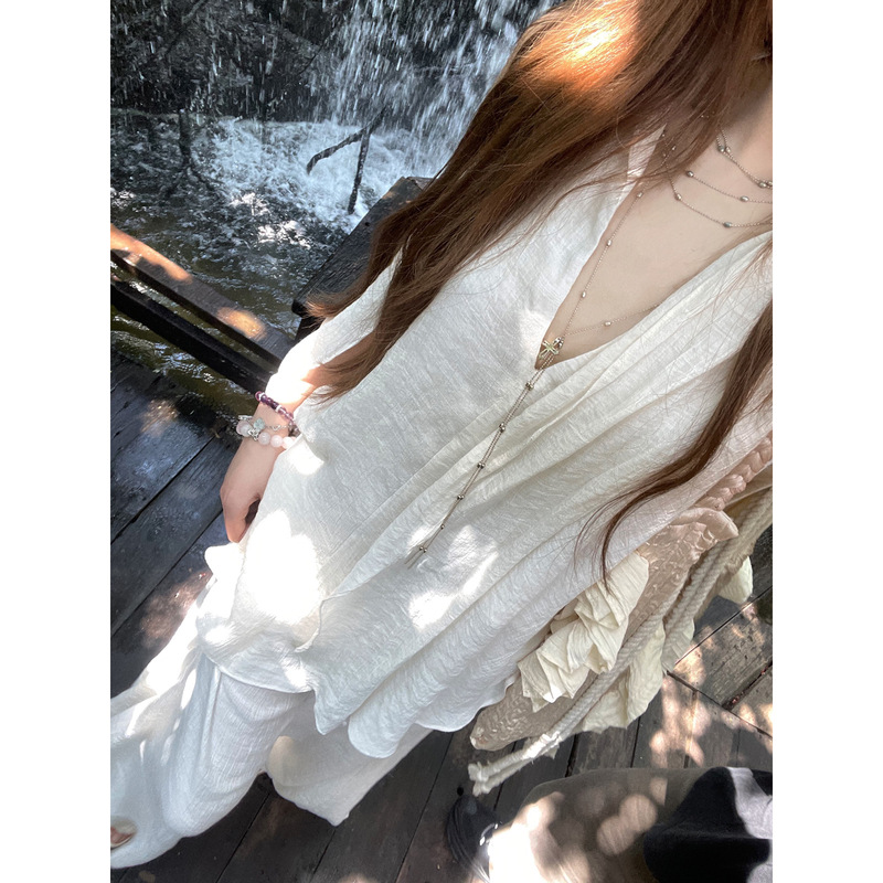 夏季禅意挂脖宽松上衣+透气长裤两件套休闲慵懒松弛感套装女|undefined