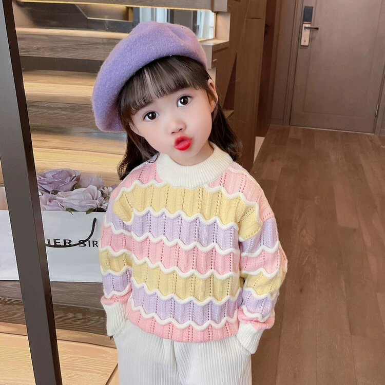 2024 осенние девочки свитер вязаный свитер девочка радуга от 3 до 5 лет