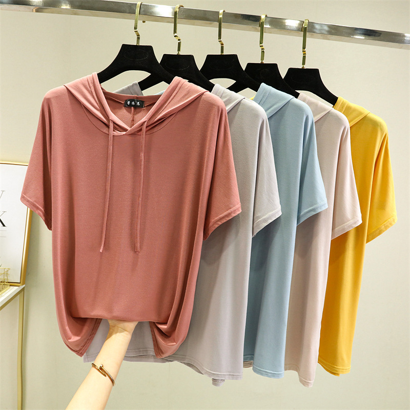 Thin Modal Hooded Short-sleeved T-shirt Women's Summer Loose Large Size Stylish Top All-match Korean-style Base Shirt
