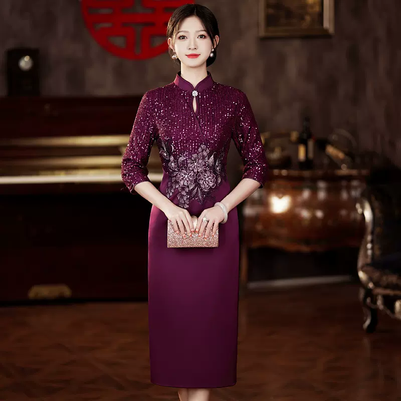 高贵绣花旗袍女新中式秋冬季小个子喜妈妈婆婆装婚宴迎宾礼服显瘦