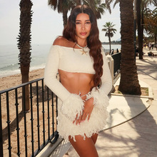 Q25ST224欧美2025新品法式针织性感露肩长袖时尚流苏短裙套装批发