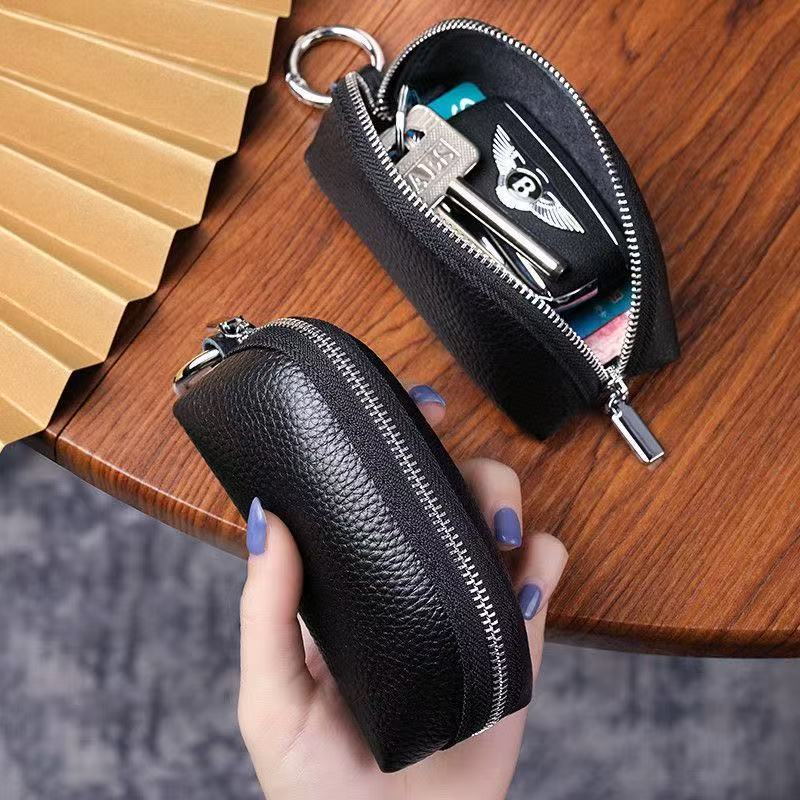 Car key bag, large-capacity home storage, genuine leather zipper coin purse, multifunctional cowhide remote control key bag for men