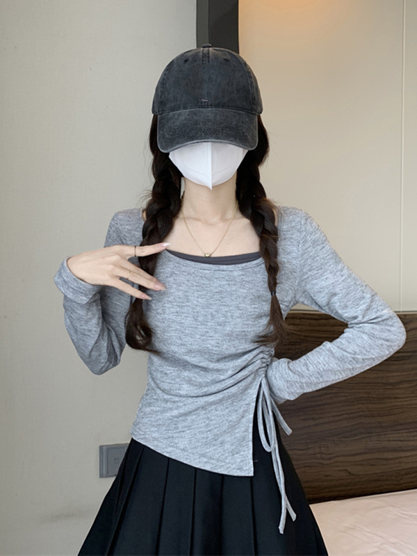 不规则假两件打底衫女早秋仿皮草内搭短款毛衣浅色miu小个子上衣|undefined