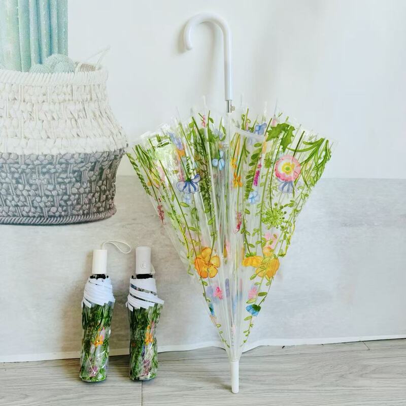 Korean-Style High-Appearance Transparent Umbrella, Forest-Style Fresh Floral Umbrella for Men and Women, Atmospheric Feel, Factory Direct Sale with Logo Printing
