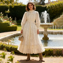 欧美气质拼接长袖长裙2025秋季新款高级感收腰显瘦蕾丝连衣裙女式