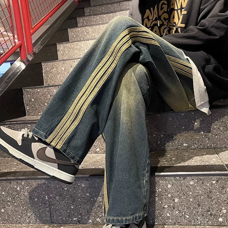 Американские высокие улицы три джинсы мужские уличные ретро-прилив стирает старые красивые свободные прямые брюки с широкими ногами