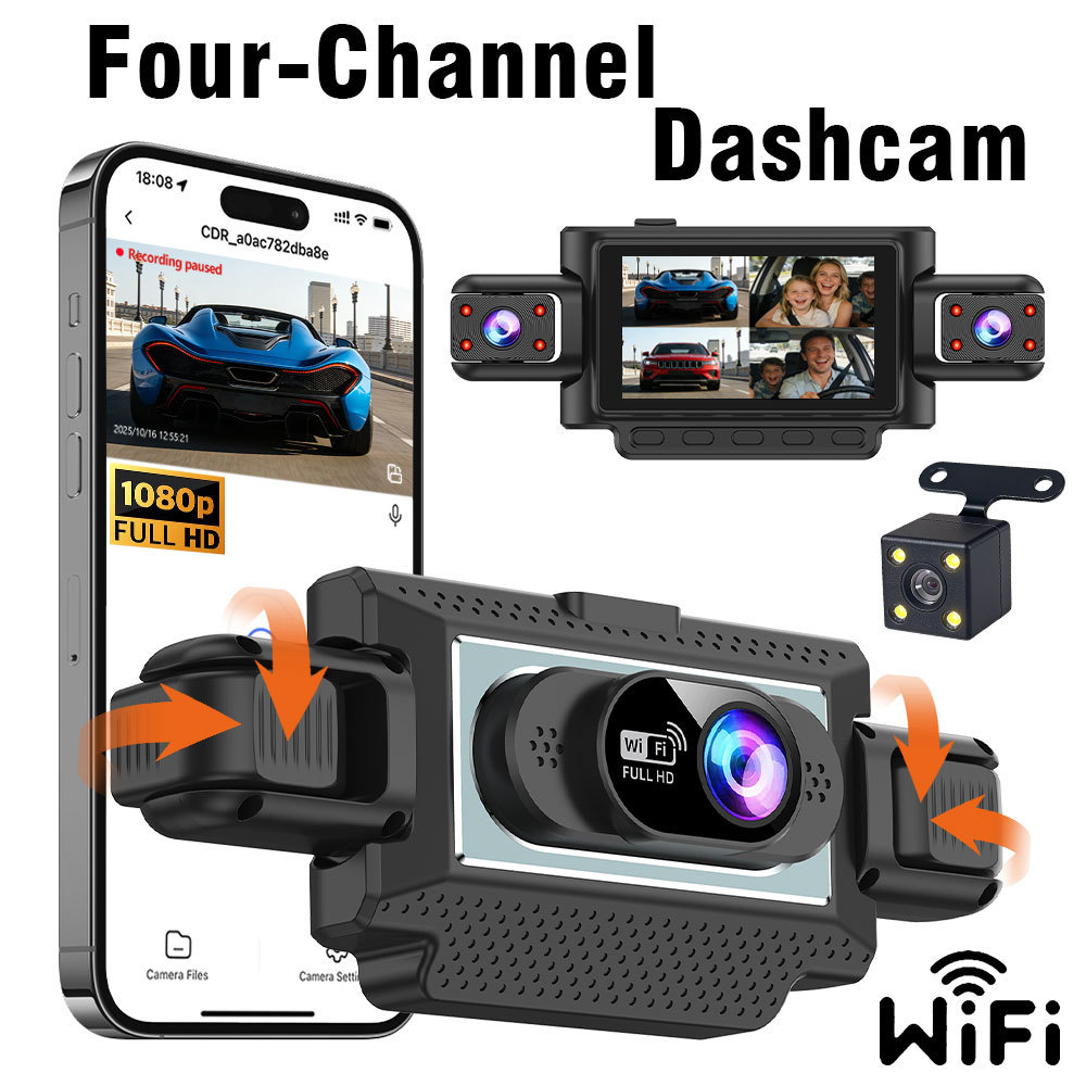 Cross-Border Hot-Selling 1080P High-Definition Dash Cam with Four Lenses, Wifi, 3inch Screens for Simultaneous Recording and Display of Reversing Images