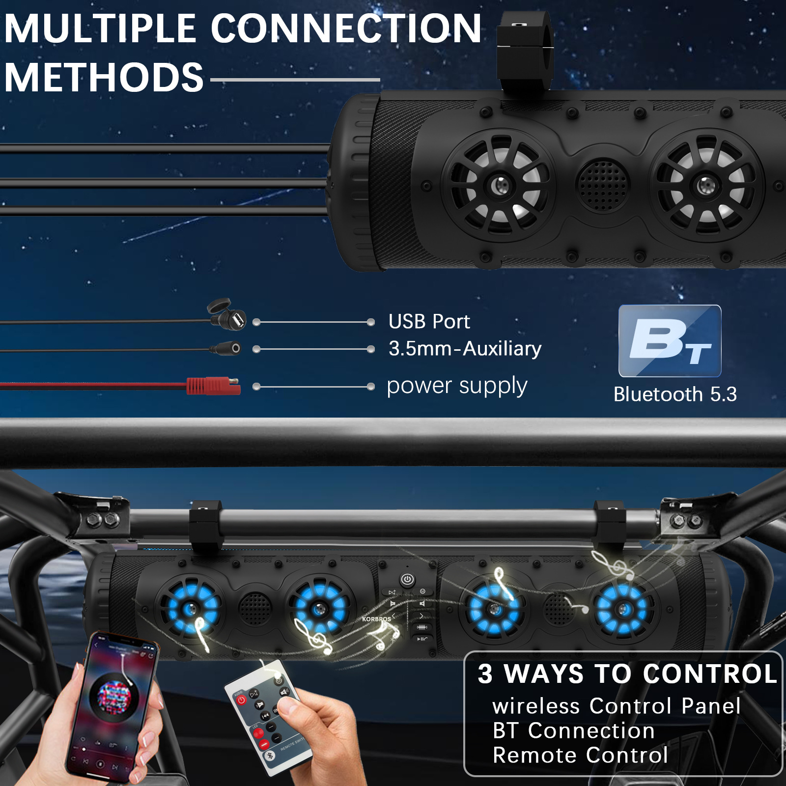 27inch Utv Golf Cart Atv Beach Vehicle Soundbar Bluetooth Speaker with USB and Aux Led