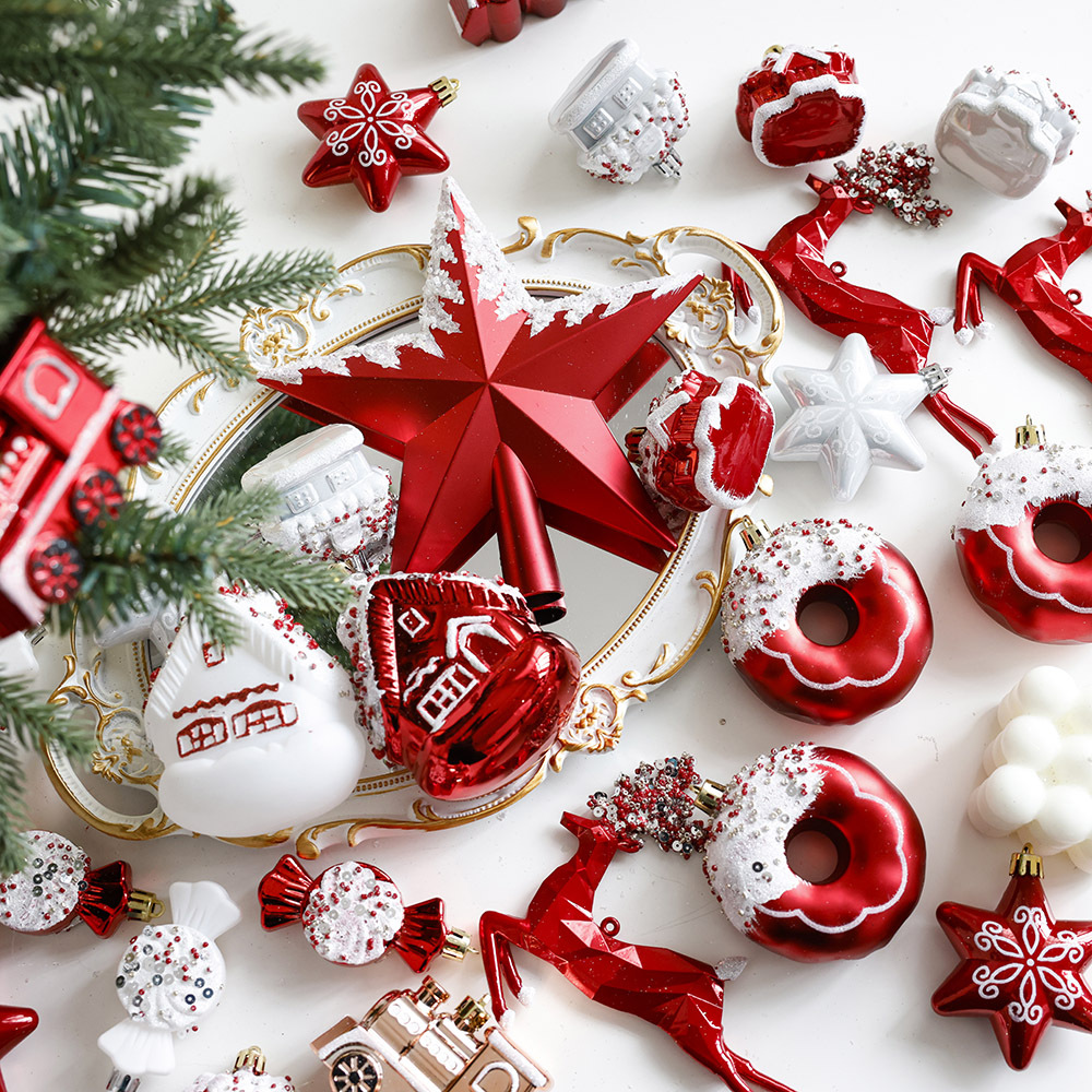 Bola de Navidad roja bola de plástico árbol estrella superior decoración del árbol de Navidad casa colgante donut PVC bola en caja