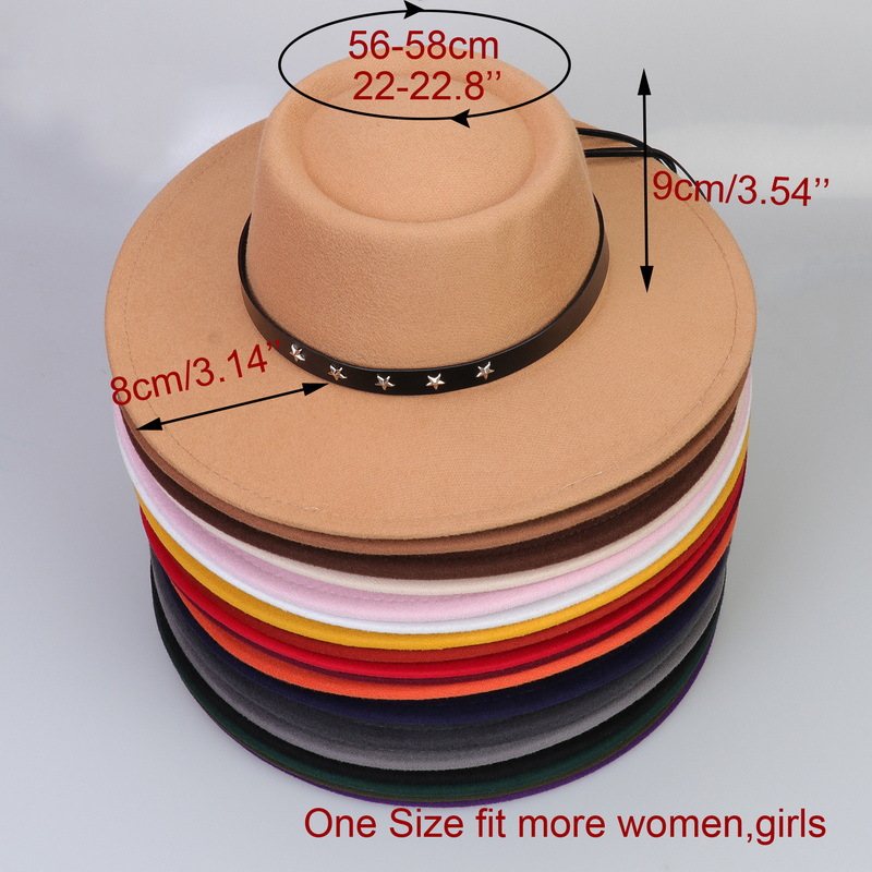 Sombrero de mujer transfronterizo Otoño e Invierno sombrero plano estrella de cinco puntas cinturón Accesorios Sombrero de lana sombrero de Panamá Jazz sombrero de hombre