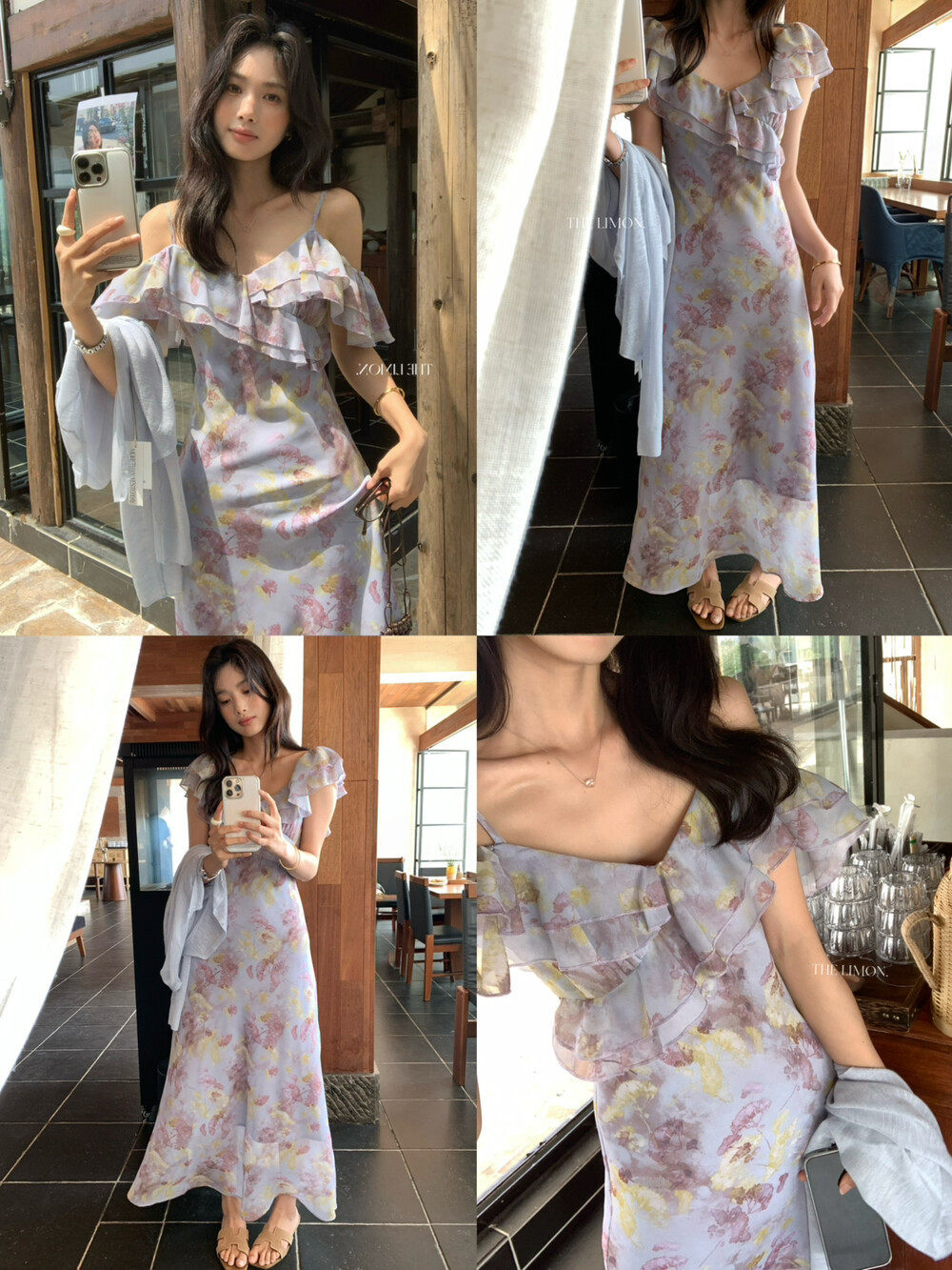 Đầm maxi nữ thắt eo cổ yếm họa tiết hoa nhí phong cách Pháp — màu tím chi tiết 17