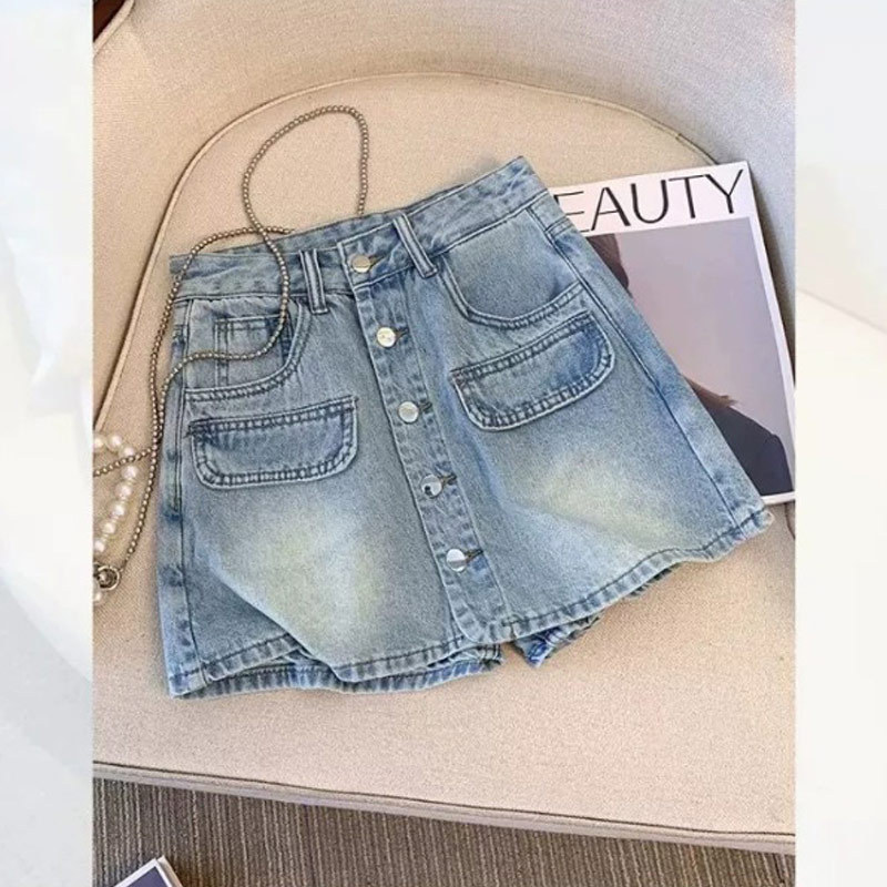 Light Blue Denim Shorts for Women, Summer 2026 New High-Waisted Fashion Petite A-Line Skirt Wide-Leg Skirt Pants