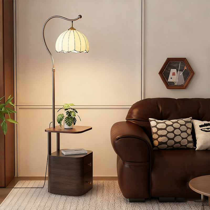 Floor Lamp with Solid Wood Bedside Integrated Design, Vintage Style for Bedroom, Living Room, Sofa Side Table, Table Lamp, Vintage Style Floor Lamp