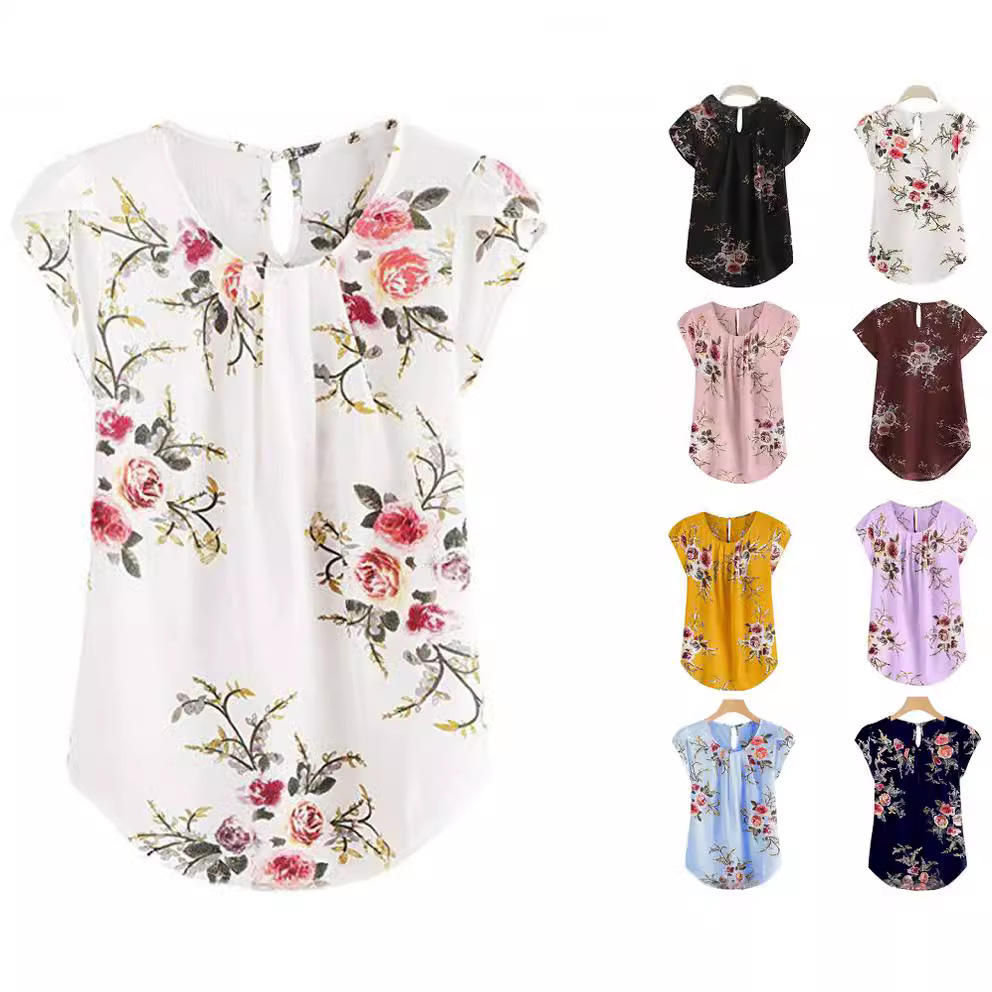 Cross-border 2025 camisa de cuello redondo casual de mujer flor de pliegue delgada venta rápida TONGWISH impresión camisa de manga corta image 1