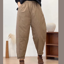 復古棉麻松緊腰夾棉哈倫褲女2024冬季新款寬松顯瘦加厚保暖棉褲子