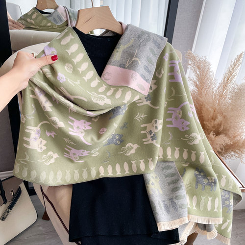 New Autumn and Winter Women's Cute Animal Cat Large Shawl Imitation Cashmere Thickened Warm Korean Style Versatile Scarf to Keep Out the Cold