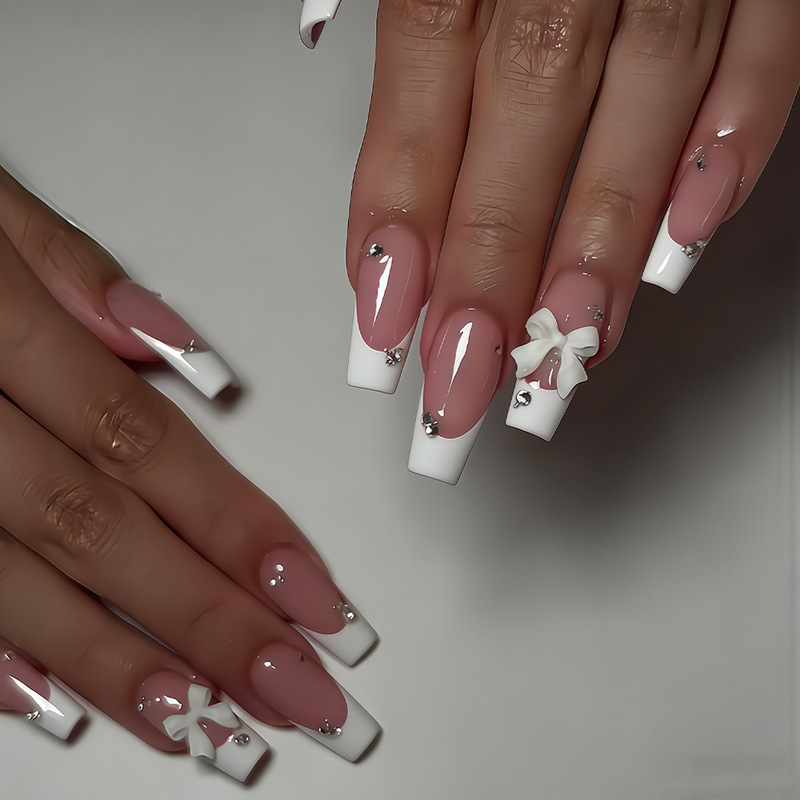 Cross-Border Best-Selling Elegant White French-Style 3D White Bow Rhinestone Nail Tips with a High-End Feel
