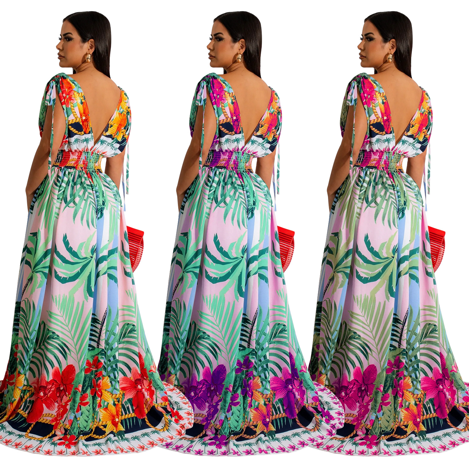 X6268 transfronterizo AliExpress Amazon europeo y americano de la moda de las mujeres pintado floral sin mangas en V vestido de las mujeres image 5