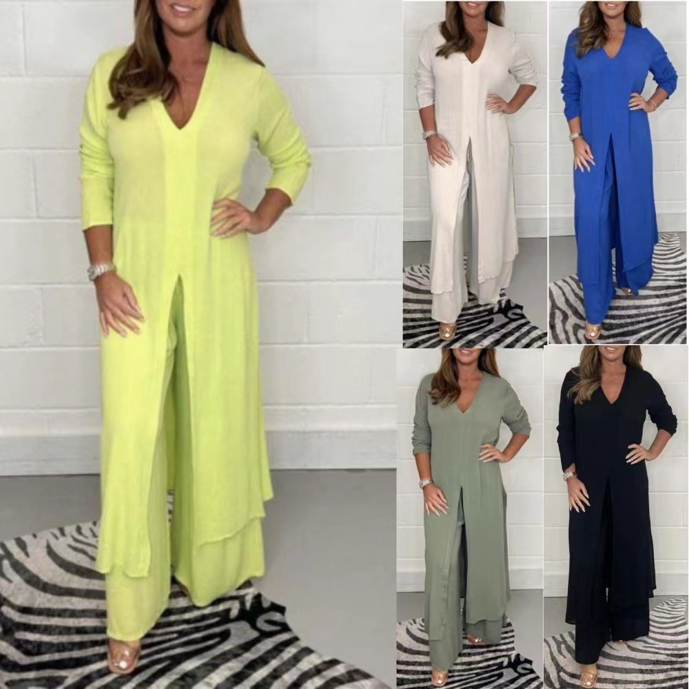 Gran cantidad de stock disponible: Nuevos modelos 2026 para comercio exterior, ropa femenina transfronteriza europea y americana para plataformas independientes, conjunto de top largo con abertura y pantalón para mujer.