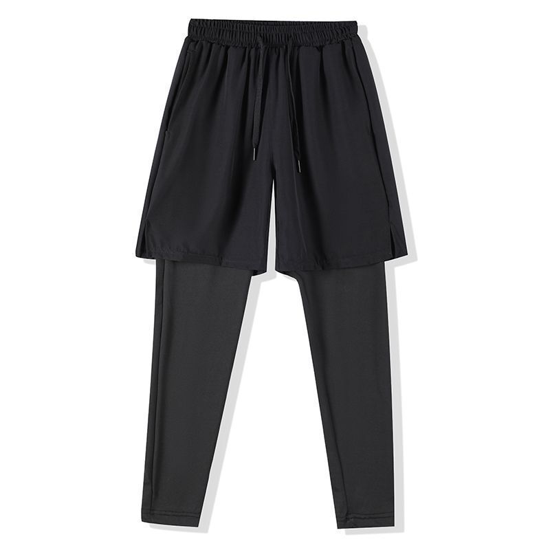 Classic Solid Color Two-In-One Basketball Shorts for Men, Summer Thin Style, Quick-Dry, High-Elasticity, Training and Fitness Nine-Point Pants