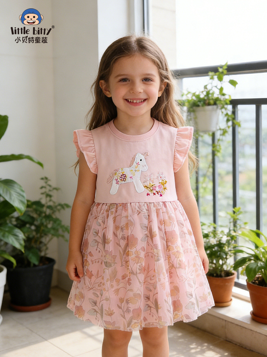 26 New Spring and Summer Children's Dresses with Ruffle Sleeves and Mesh, Sweet and Cute Unicorn Embroidered Princess Dresses in Stock