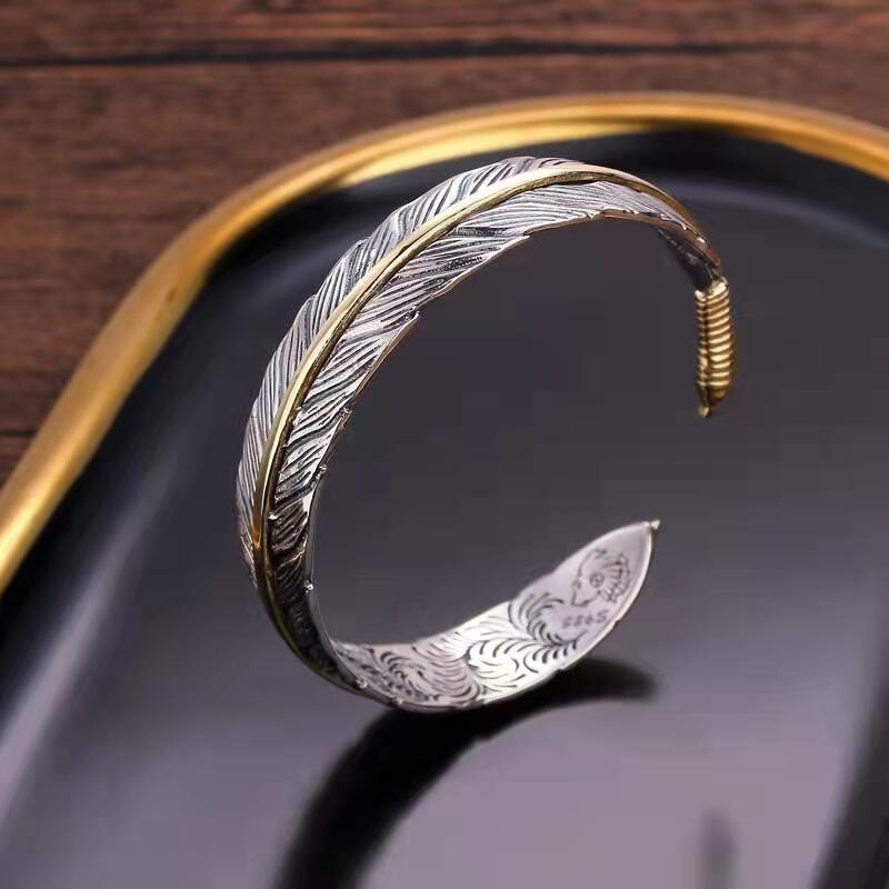 Retro Silver Bracelet Opening Stylish Retro Takahashi Goro Tang Grass Feather Bracelet Men's Bracelet Women's Silver Jewelry Bracelet