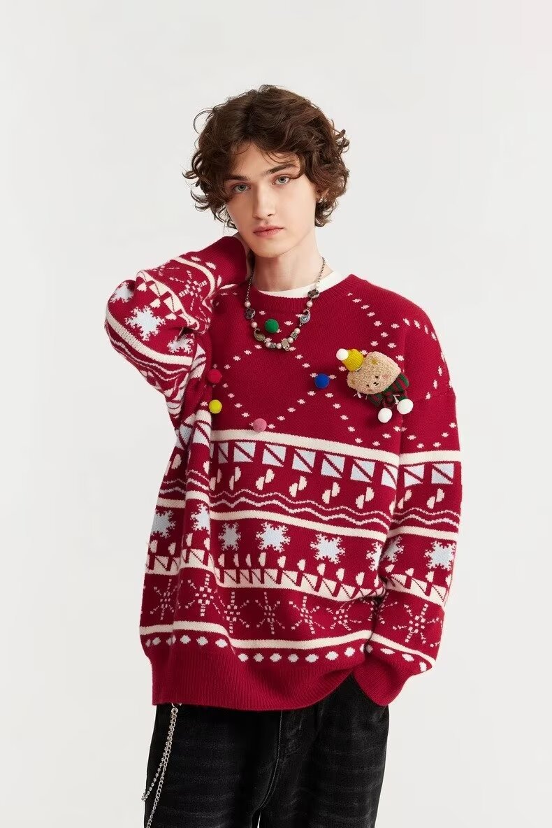 Men's Sweater Knitted Pullover Round Neck Autumn Winter Red Tops_voghion.com