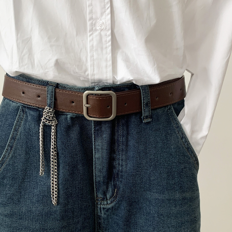 Simple and Versatile Bf Hong Kong Style Wide Leather Belt for Young People and Students, Silver Jeans Decorative Belt, Unisex Trendy Accessory