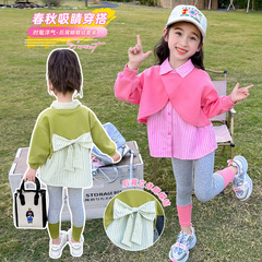女童套装春秋款2025新款时尚小女孩运动风条纹假两件两件套中小童