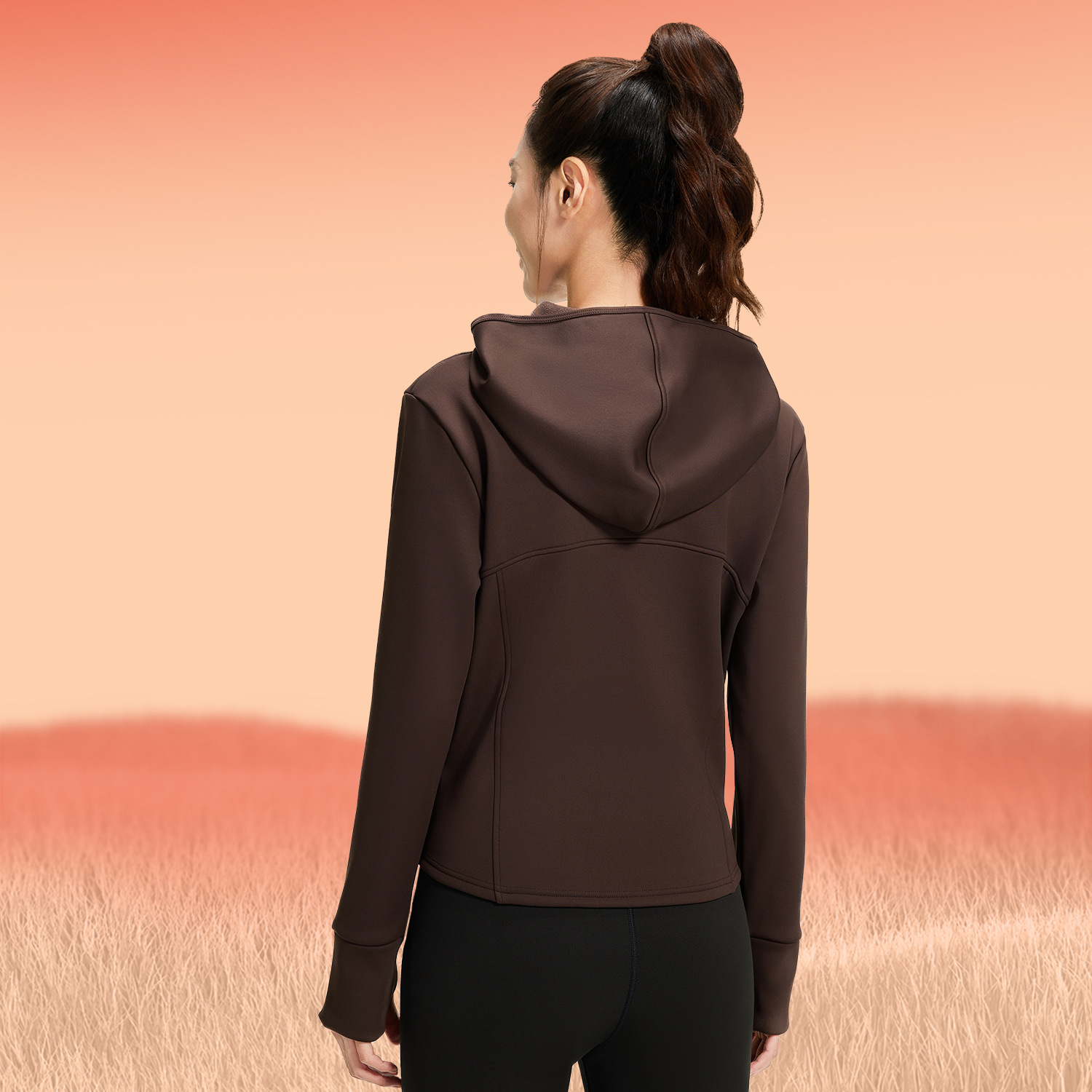 Juyi Tang otoño invierno miel de melocotón juego deportivo abrigo suelto bolsillo capuchón de lana grueso juego de yoga