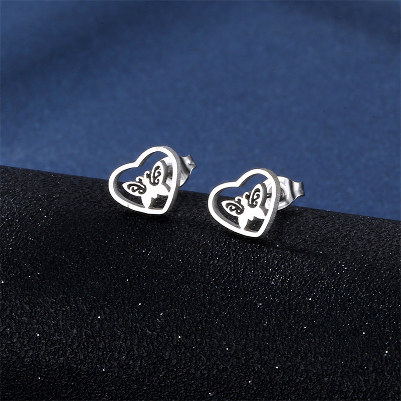 fashion simple heart-shaped butterfly earrings stainless steel necklace