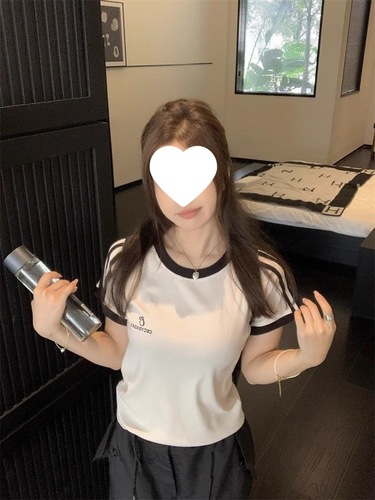 [40-Thread Count Faux Cotton] Women's Short-Sleeved Top with Three Stripes, Round Neck, Slim-Fit Embroidered Outerwear T-Shirt—Blue