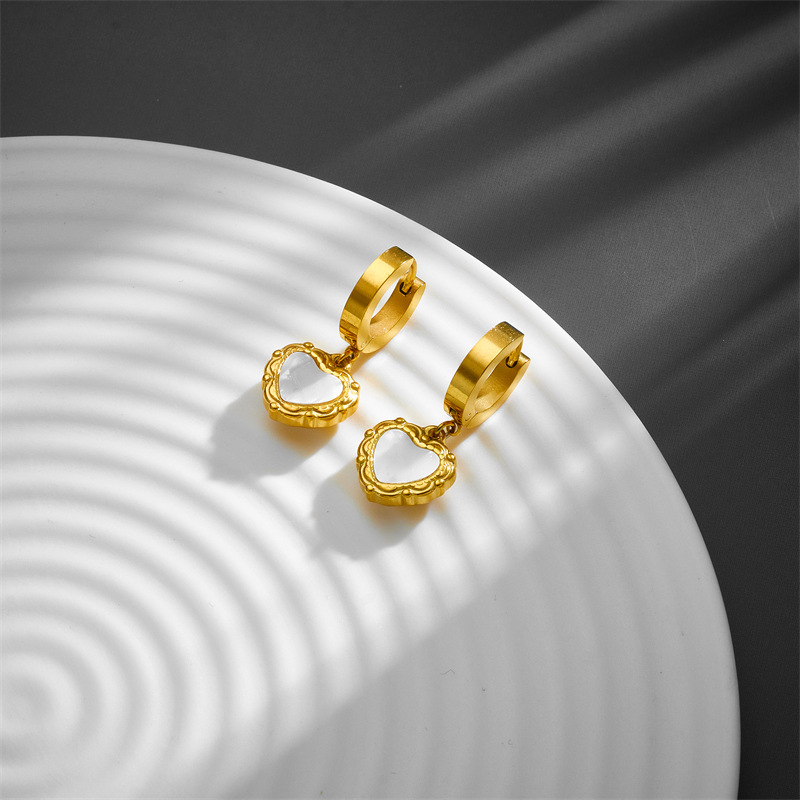 Titanium Steel Material Wholesale Jewelry INS Style Sweet Heart Shape Titanium Steel Rhinestones Shell 18K Gold Plated PVD Coated Plating Inlay Earrings Necklace