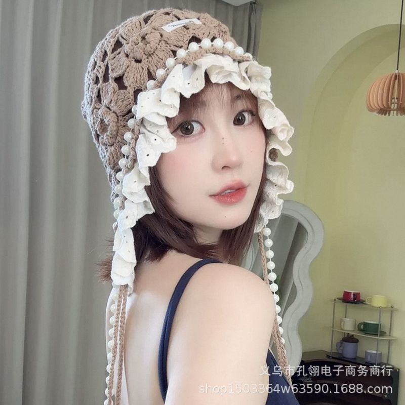 红色针织帽子女2025新款波西米亚风镂空花朵包头帽珍珠流苏套头帽|undefined