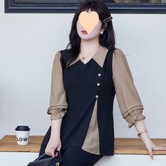 初秋裝翻領大碼女裝2025新款顯瘦胖套頭上衣收腰假兩件開衩小衫