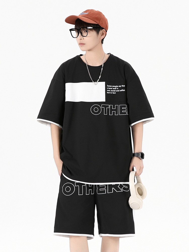 Traje informal holgado de manga corta para hombre, pantalones cortos de manga corta con conjunto de dos piezas, color contrastante, fresco, de verano