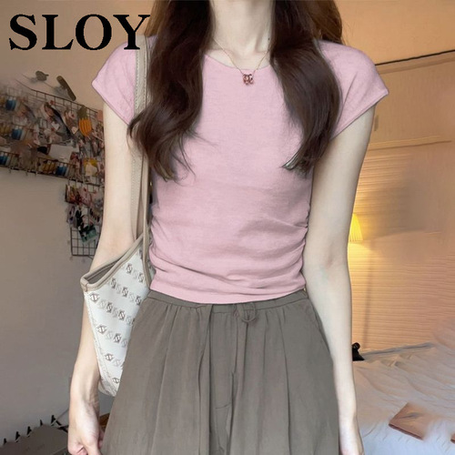 Women's Summer Design-Sensitive, Unconventional, Gentle Pink Short-Sleeve T-Shirt with a Fitted, Slimming, and Short Cut - 2025