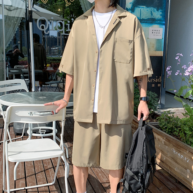 Traje de verano de manga corta para hombres, deportes casuales, versión coreana, camisa suelta para jóvenes de secundaria y preparatoria, traje de dos piezas de moda