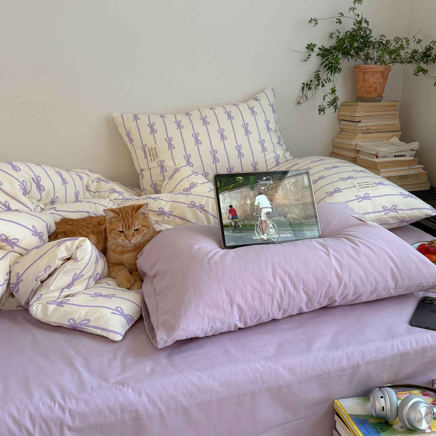 Todo algodón INS blogger estilo coreano arco de algodón cuatro piezas en casa dormitorio cama de tres piezas cubierta de edredón de piel