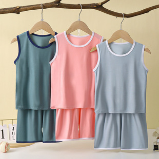 Children's Vest Suit Thin Modal Home Boy Sleeveless Air-Conditioned Clothing Baby Ice Silk Pajamas Summer Boy