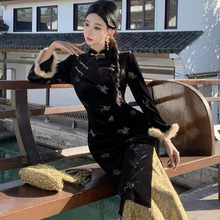 新中式国风复古假两件改良旗袍高级感烫金丝绒礼服连衣裙女秋冬款