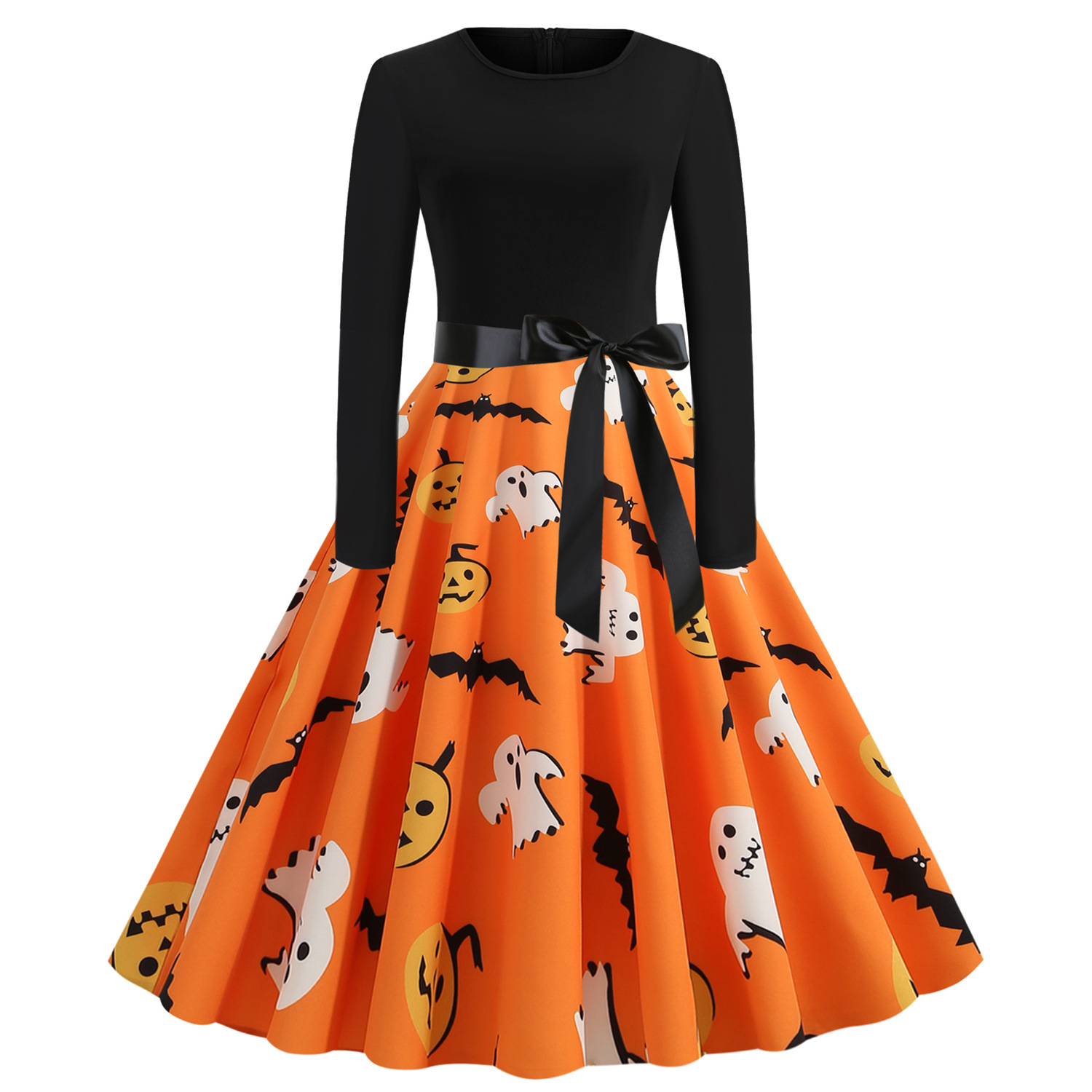 Women s Round Neck Long Sleeve Printed Dress with Black Ribbon nihaostyles wholesale halloween costumes NSSAP79062