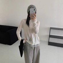 韩系简约14针羊毛工艺拼接针织衫蕾丝花边打底衫上衣2025秋冬上衣