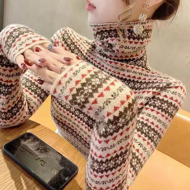 外单长袖T恤堆堆领羊毛打底衫女条纹毛衣短款气质加厚针织衫内搭