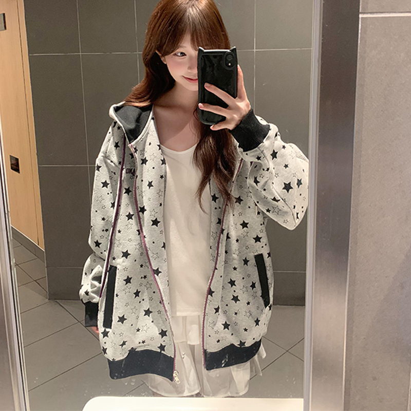 All-Over Star Print Gray Hooded Sweatshirt Zip-Up Cardigan for Women, Autumn and Winter Thin Oversize Niche Design Jacket
